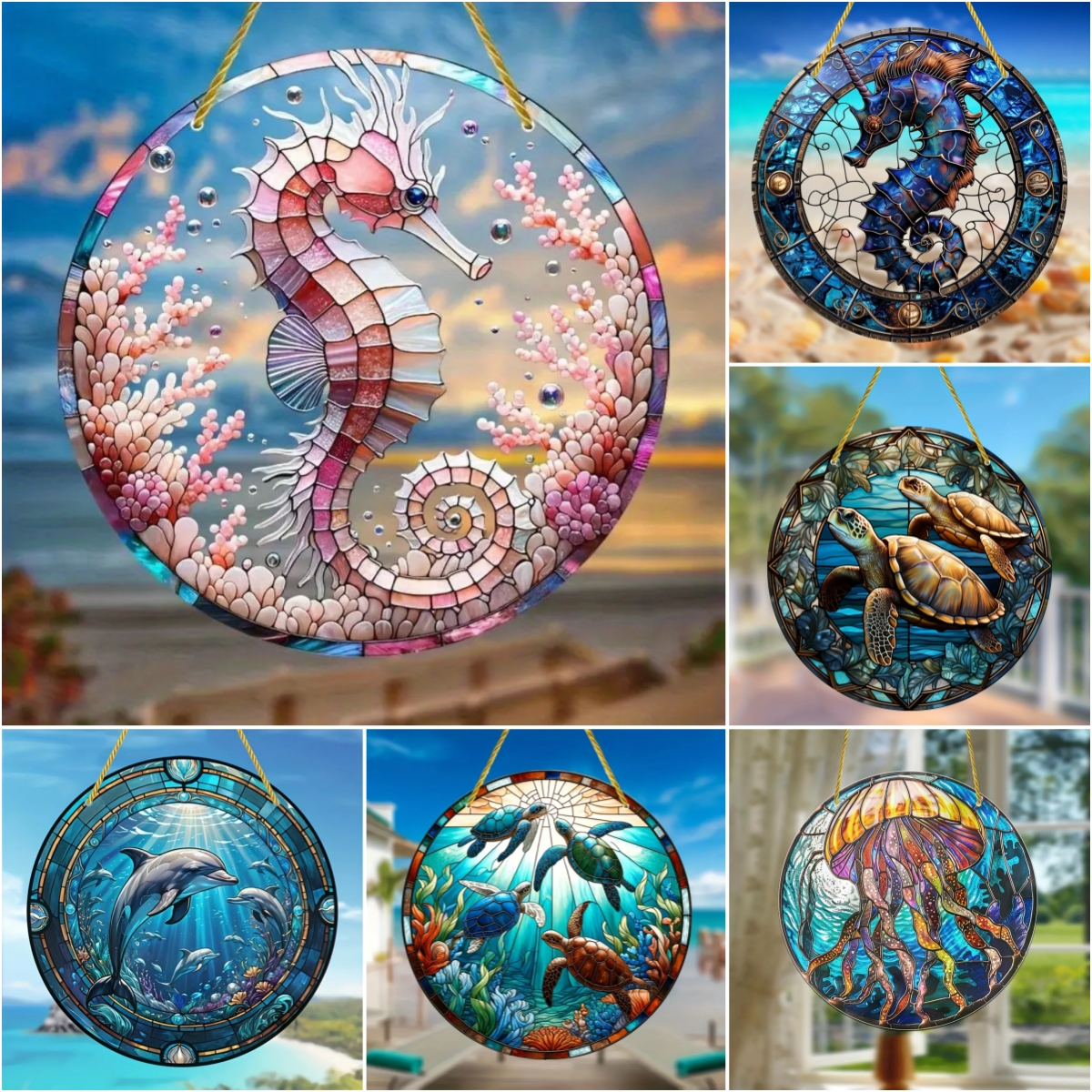 Embroidery Garden - Underwater World SunCatcher Sign,Sea Turtle Seahorse