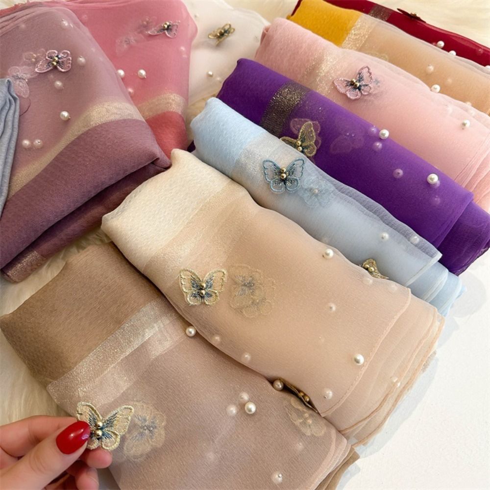 Embroidery Hijab - Fashion Thin Silk Scarf Pearl Foulard