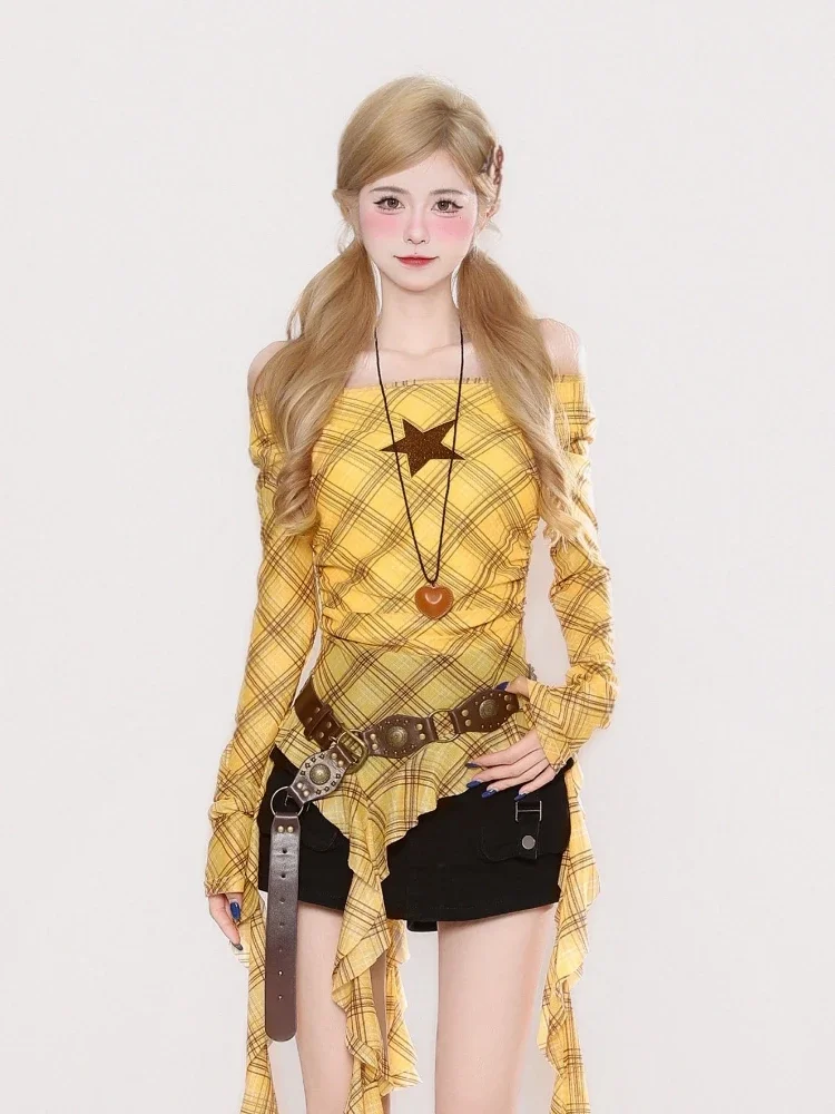 Y2K Plaid Slash Neck Vintage T - Embroidery Origin recensie en prijs
