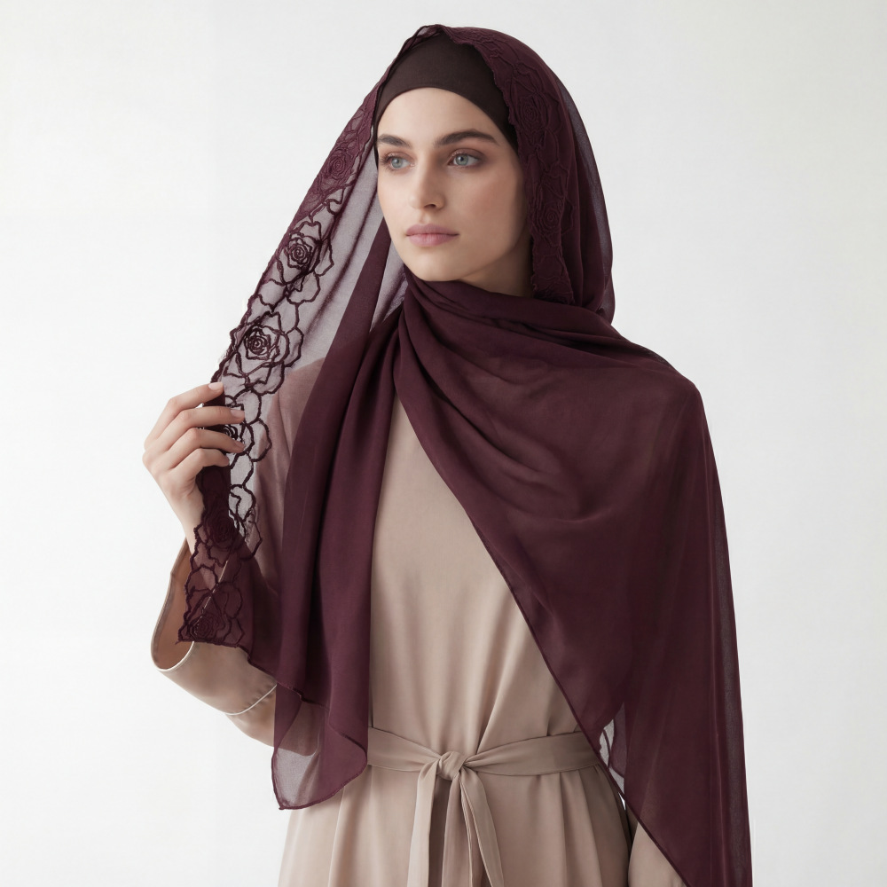 Purple Chiffon Hijab Shawls Wo - Embroidery Hijab recensie en prijs